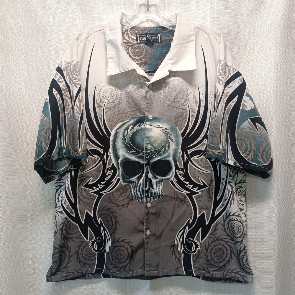 Vtg 90s Steve & Barry's Motorcycle Club Chopper Button Up All Over Print XL Y2K